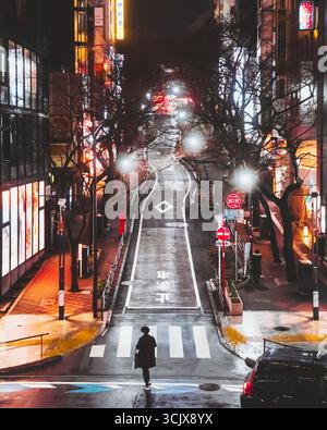 Shibuya, Japan - 5. März 2025: Blick auf eine Einzelfigur, die über eine hell beleuchtete Zebraüberquerung läuft, mit Neonschildern, die ein lebendiges Leuchten auf der nassen Asphaltstraße ausstrahlen. Stockfoto