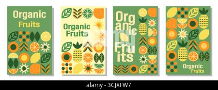 Bannerset für Bio-Obst und Gemüse. Geometrischer abstrakter Hintergrund in minimalistischem Design. Stock Vektor