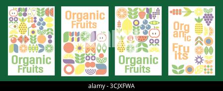 Bannerset für Bio-Obst und Gemüse. Geometrischer abstrakter Hintergrund in minimalistischem Design. Stock Vektor