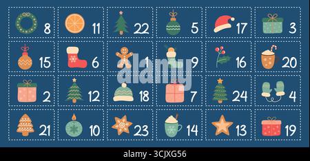Bunter kindlicher Adventskalender 24 verschiedene Motive Vektor-Illustration Stock Vektor