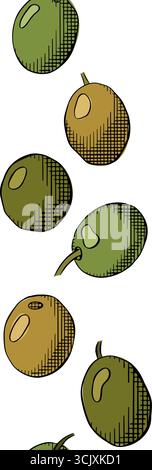 Elegante, nahtlose vertikale Linie aus Olivenbeeren. Vektorgrafik Linie farbige Illustration. Für Poster, Flyer, Banner, Einladung, soziale Medien, Party Stock Vektor