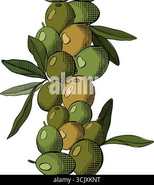 Olivenbeere mit nahtlosem vertikalem Rand. Vektorgrafik Linie farbige Illustration. Mediterranes Vintage-Verpackungsdesign für Stoff, Kit Stock Vektor