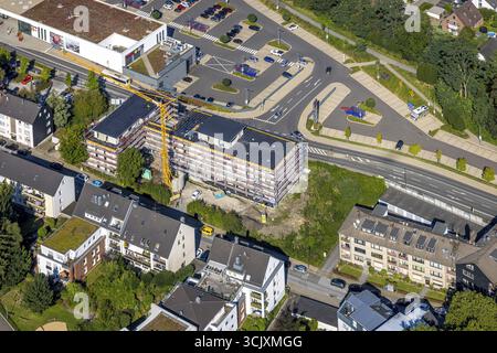 Luftansicht, Einkaufszentrum Hitzbleck Westfalenstraße mit Supermarkt Lidl und DM und Akzenta Rewe, Baustelle mit Neubau Linderfelde Stockfoto