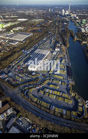 Luftaufnahme, am Westhafen, CTH Containerterminal am Rhein-Herne-Kanal, hinter dem STEAG-Heizkraftwerk Herne, Unser Fritz, Herne, Ruhrgebiet, Nort Stockfoto