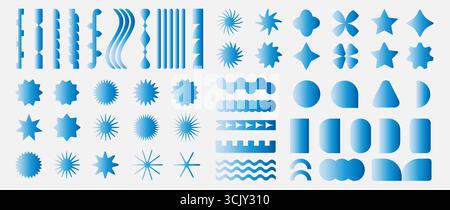 Brutalismus farbenfrohe Y2K-Formen. Kit mit elektrischer LED-Laserbeleuchtung in Blau. Hell beleuchtete futuristische Formen abstrakter Designs und Formen, Ikonen. Schweizer Design-Ästhetik. Stock Vektor