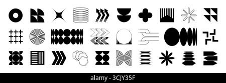 Bunte Formen des Y2K-Brutalismus. Geometrische Formen und einfache Symbole, Sterne und Spiralen. Minimale abstrakte Elemente im Bauhaus-Stil. Stock Vektor