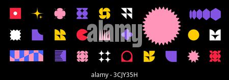 Bunte Formen des Y2K-Brutalismus. Geometrische Formen und einfache Symbole, Sterne und Spiralen. Minimale abstrakte Elemente im Bauhaus-Stil. Stock Vektor