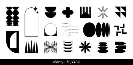 Bunte Formen des Y2K-Brutalismus. Geometrische Formen und einfache Symbole, Sterne und Spiralen. Minimale abstrakte Elemente im Bauhaus-Stil. Stock Vektor