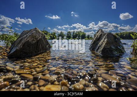 Kristallklares Wasser fließt über Kieselsteine am Ufer der Donau bei Bogen in Niederbayern, umgeben von grünen Bäumen und wolkenlosem Himmel. Die Sonne Stockfoto