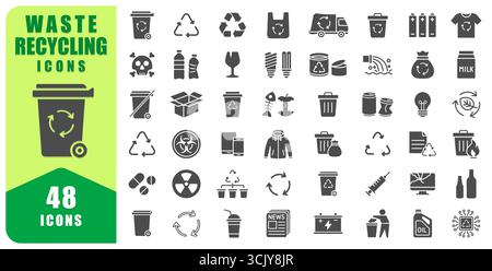 Symbolsatz Für Abfallrecycling Mit 48 Designs. Recycling-Icons Collection Umfasst Papierkorb, Recyclingbehälter, Glas, Kunststoff, Metall, Papier, Batterien. Vec Stock Vektor