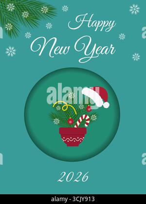 Happy New Year 2026 Grußkarte Papier Cut-Effekt mit Pine Twig Komposition in Blumentopf und Text. Isolierte Vektor-Illustration Weihnachten oder Neujahrsgrüße Party lädt Banner, Faltblatt, Poster ein Stock Vektor