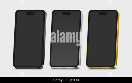 Smartphone-Modell, 3D-Telefon einstellen, weißer Hintergrund. Vektor Stock Vektor