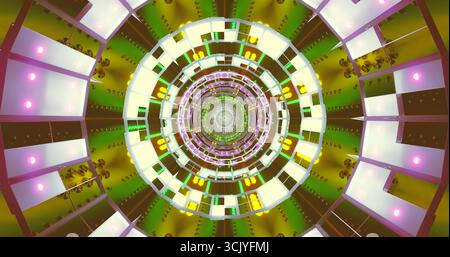 Ein kreisförmiges abstraktes Design zeigt ein lebhaftes Spiralmuster mit Grün-, Gelb- und Lila-Tönen. Die geometrischen Formen konvergieren zu einer Mitte Stockfoto