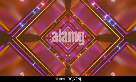 Farbenfrohe geometrische Muster beleuchten den Raum, reflektieren von Oberflächen und schaffen eine dynamische Atmosphäre. Die Lichter bilden ein fesselndes V Stockfoto