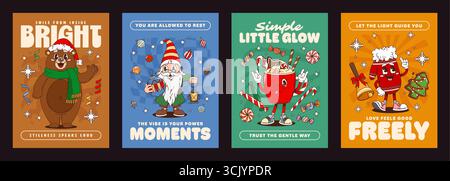 Lustige Poster zu Weihnachten und Silvester mit groovigen Charakteren für den Winterurlaub. Cartoon Vektor groovy Poster mit funky Gnom und Bär in Santa Hut mit Fäustling und Weihnachtsbaum Lebkuchen Keks Stock Vektor