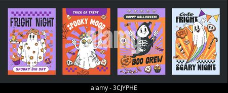 Lustige, groovige Halloween-Geisterfiguren Poster, Vektortricks oder Gruselnacht-Party. Comic Retro y2k gruselige Geister- und Phantom-Buh-Charaktere, Halloween-Kostüme und Bonbons groovige Poster Set Stock Vektor