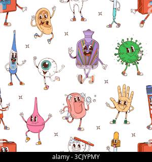 Groovige Medizin und menschliche Körpercharaktermuster. Cartoon nahtloser Hintergrund mit niedlichen Gesundheitspersonen wie Seife, Auge, Thermometer, Spritze, Ohr, Pille und Virus. Vektor Retro medizinische Y2K TileV Stock Vektor