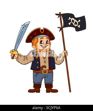 Karibik Pirate oder Korsair Charakter mit Jolly Roger Schädelflagge, Cartoon groovy Vektor. Karibischer Seemann oder Boot in einem Kapitän Tricorne Hut mit Schwert und Muskettenpistole als lustige Figur Stock Vektor