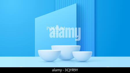 3. Blaue Podium-Kosmetikbühne. Realistische Vektorszene mit drei runden Displayschalen auf einer glänzenden Oberfläche. Eleganter Hintergrund für Branding, Produktpräsentation oder kosmetische Mockups in modernem Stil Stock Vektor