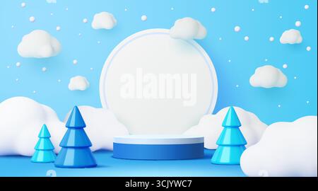 3D Winter Weihnachten Podium Bühne mit Weihnachtsbäumen am blauen Himmel Vektor Hintergrund mit Schneewolken und Schneeflocken. Fröhliche Weihnachtsfeiertage Podium, Podest oder Plattformbühne mit rundem Rahmen Stock Vektor