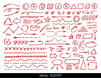 Doodle Red Buntstift Hand gezeichnete Linien von Pfeil und Unterstrich, Stern und Markierungen, Hervorhebung, Überprüfung und Kreuz Symbole Vektor Set. Markierungsskizzen für Beschriftungen, Infografiken und Präsentationen Stock Vektor