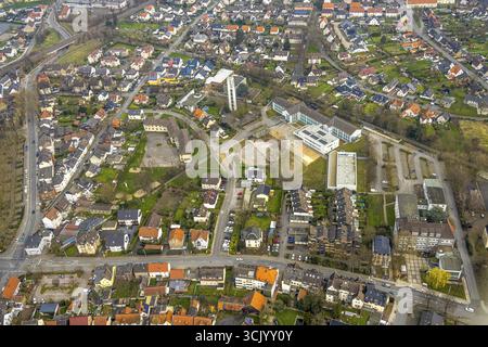 Aus der Vogelperspektive, Baustelle, Erweiterung und Umbau der Walburgisschule, der evangelischen Pauluskirche und der Paul-Gerhardt-Schule, Grafenstra Stockfoto