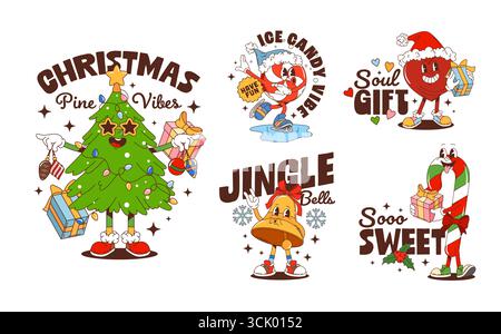 Weihnachten groovige Hippie Zeichen Aufkleber und Neujahr T-Shirt Prints, Cartoon Vektor. Groovige Aufkleber für Weihnachtsgrüße mit funkigem Weihnachtsbaum, Zuckerrohr und Herz mit Weihnachtsgeschenken Stock Vektor