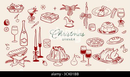 Weihnachtsabendessen Illustration, festliches Weihnachtsfest mit gebratenem Truthahn, Pudding, Wein und saisonalem Tischdekor - handgezeichnetes Vintage-Kunstwerk Stock Vektor