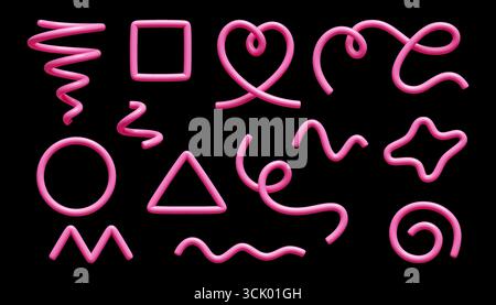 Pinkfarbenes 3D-Doodle-Set mit abstrakten Designs und glänzenden Röhren auf schwarzem Hintergrund für moderne Grafiken. Stock Vektor