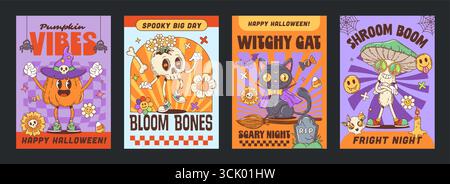 Groovige Halloween-Charaktere Poster von Retro-Hippie-Comicmonstern. Vektor süße Halloween Kürbis, schwarze Katze, Schädel und Pilz groovy Charaktere mit Trick or Treat Süßigkeiten 2yk Poster Set Stock Vektor