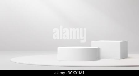 3D weiße quadratische und runde Podiumsbühnen. Realistische 3D-Vektoren zeigen Szenen oder Podeste vor Wandhintergrund mit hellem Schatten. Szene für Kosmetikprodukte, Ausstellungen und Präsentationen Stock Vektor