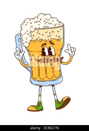 Cartoon groovige Biertankfigur mit Schaum auf der Oberseite, mit Sneakers und Lächeln, eine freundliche Geste. Vektor verspielte Glasbecher Persönlichkeit strahlt Glück, Feier und Festlichkeit aus Stock Vektor
