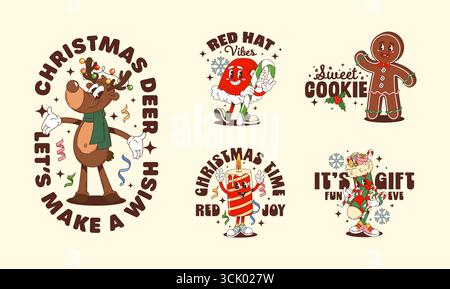 Weihnachten groovige Zeichen Aufkleber und T-Shirt Prints für Winterferien, Cartoon Vektor. Groovige Aufkleber mit Rentier und lustiger Weihnachtsmütze, Lebkuchenkeks Mann und Socke mit Weihnachtsgeschenken Stock Vektor