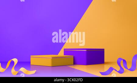 3D blaue und orangene Podestbühne mit Podest und Bändern. Vektorrealistischer Ausstellungsstand, Studioszene oder Präsentationsraum für Produktpräsentationen mit minimalen quadratischen blauen und orangen Podesten Stock Vektor