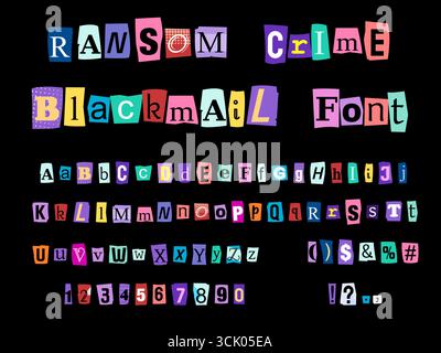 Schriftart für Lösegeld. Sammlung von Zeitschriften und Zeitungsbriefen - Vektordesign-Elemente. Erpressungsmafia-Kriminalitätskonzept. Stock Vektor