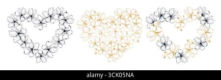 Herzen Rahmen Set mit Linie Art Mohnblume, Hand gezeichnete Vektor-Illustration Stock Vektor