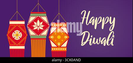 Festliches Diwali-Banner mit leuchtenden Laternen, warmen Lichtern und Kopierraum für Grüße oder Werbeaktionen vor einem lebhaften Hintergrund. Stock Vektor