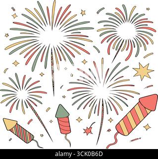 Festival-Feuerwerk Clipart mit farbenfrohen Starburst- und Konfetti-Elementen Stock Vektor