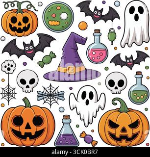 Bunte Halloween-Elemente mit Kürbissen, Geistern, Fledermäusen und einem Hexenhut Stock Vektor