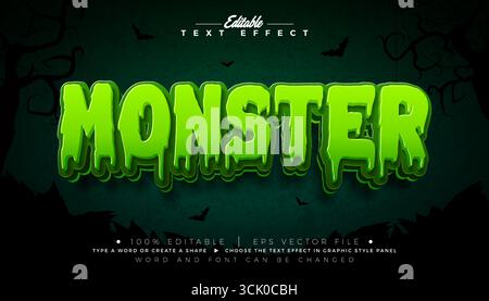 Monster Text Effect Illustration. Editierbarer grafischer Stil mit grünem Typografie-Schriftzug auf gruseligem Friedhof-Halloween-Hintergrund. Skalierbarer Vektor Stock Vektor