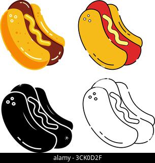 Set Bundle of icon Fast Food Hot Dog in Outline, Silhouette, Flat and Solid Style Vector Isolated Design Stock Vektor