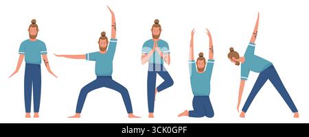 Männlicher Yogalehrer, der fünf verschiedene Yoga-Posen für Übung, Fitness und Wellness-Konzepte durchführt, perfekt für Gesundheit Blogs, Poster, oder pädagogische Materialien isoliert auf weißem Hintergrund Vektor Illustration Stock Vektor