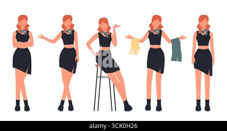 Set von jungen Frauen in trendigen Outfits mit verschiedenen Posen und Gesten perfekt für Mode, Lifestyle oder Präsentationskonzepte isoliert auf weißem Hintergrund Vektor Illustration Stock Vektor