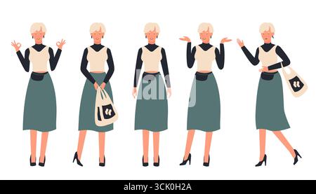 Moderne junge blonde Frau im stilvollen Outfit, die verschiedene Posen und Gesten zeigt, perfekt für Lifestyle, Mode oder Charakterdesign Konzepte isoliert auf weißem Hintergrund Vektor Illustration Stock Vektor