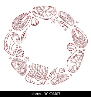 Fleisch- und Fischlachsschnitte in einem runden Rahmen mit Kräutern, Knoblauch und Tomaten auf weißem Hintergrund im Line Art Stil angeordnet. Stock Vektor