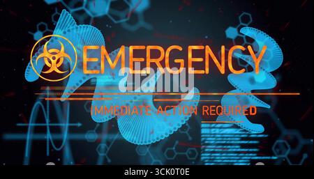 Anzeige des NOTFALLALARMS und SOFORTIGER MASSNAHMEN auf der digitalen Schnittstelle mit Symbol für biologische Gefahren Stockfoto