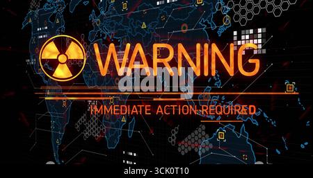Anzeige der WARNUNG und SOFORTIGER MASSNAHMEN auf dem Kontrolldisplay mit dem Symbol für Strahlengefahr Stockfoto