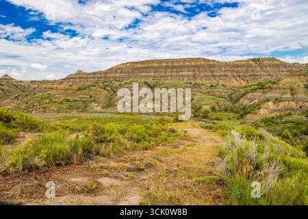 Ein weitläufiger landschaftlicher Überblick erfasst die zerklüfteten Berge und die vielfältige Landschaft der North Side des Theodore Roosevelt National Park Stockfoto