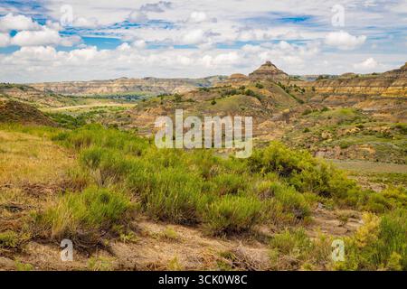 Ein weitläufiger landschaftlicher Überblick erfasst die zerklüfteten Berge und die vielfältige Landschaft der North Side des Theodore Roosevelt National Park Stockfoto
