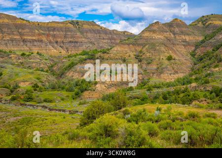 Ein weitläufiger landschaftlicher Überblick erfasst die zerklüfteten Berge und die vielfältige Landschaft der North Side des Theodore Roosevelt National Park Stockfoto